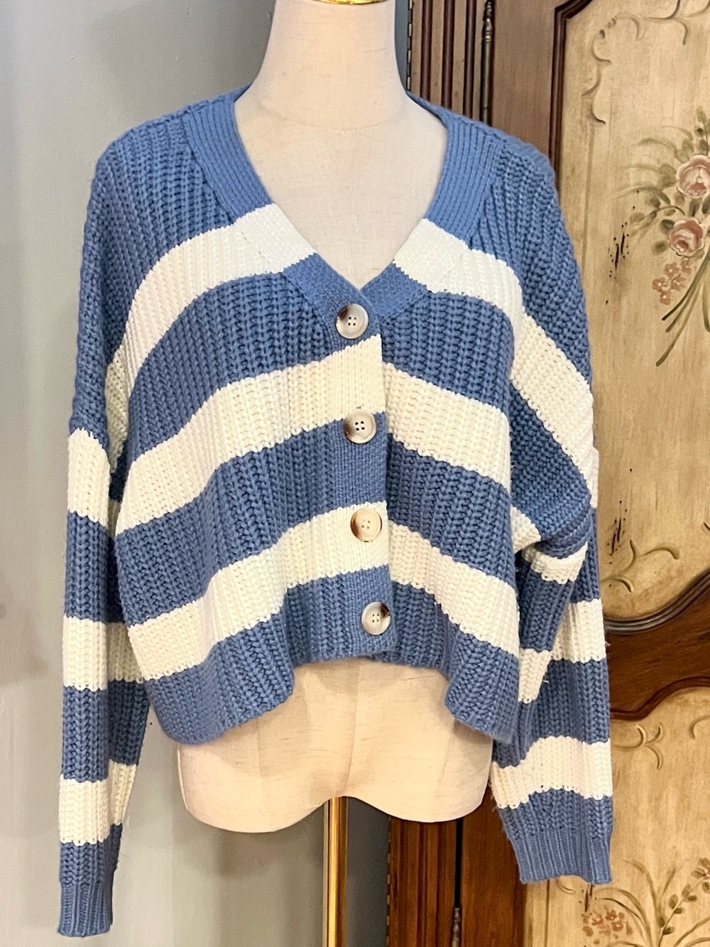 Buttermelon Roomy Striped Chunky Knit Oversized Cardigan Coastal Preppy,Size S - Picture 2 of 10